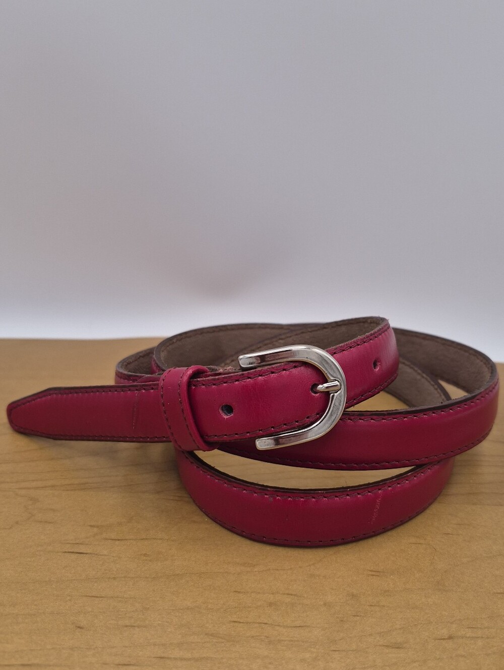 Vera Pelle Made In Italy Red Leather Skinny Belt Silver Buckle Size L (115) - Picture 9 of 9